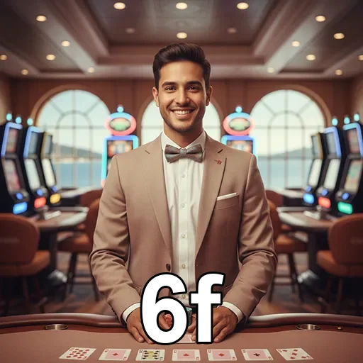 Homem sorridente em ambiente de cassino da plataforma 6f.